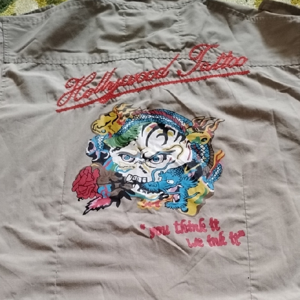Men's Beige XL Hollywood Tattoo NY Ink London Ed Hardy Style Button Down Shirt